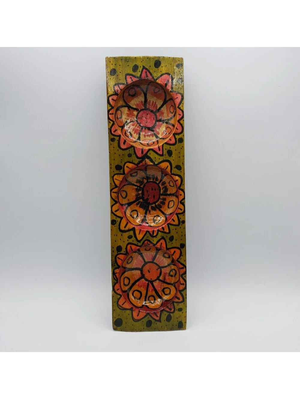 Hand Painted Divided Wood Tray Rectangle 3 Section Floral Boho Votive Holder